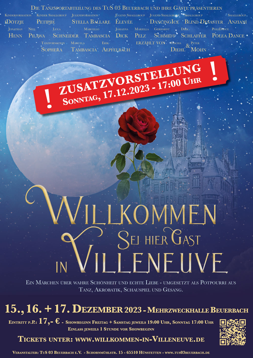 Dreimal “Willkommen in Villeneuve“: Die Tanzsportabteilung des TuS 03 Beuerbach präsentiert ihre dritte große Show am 15., 16. und 17.12.2023!